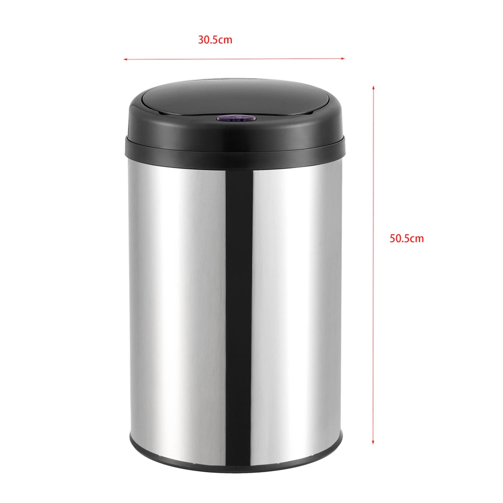 Pattumiera Automatica 30 L, Bidone Cilindrico in Acciaio Inox (AxØ) 50,5 x 30,5 cm Coperchio con Sensore di Movimento e