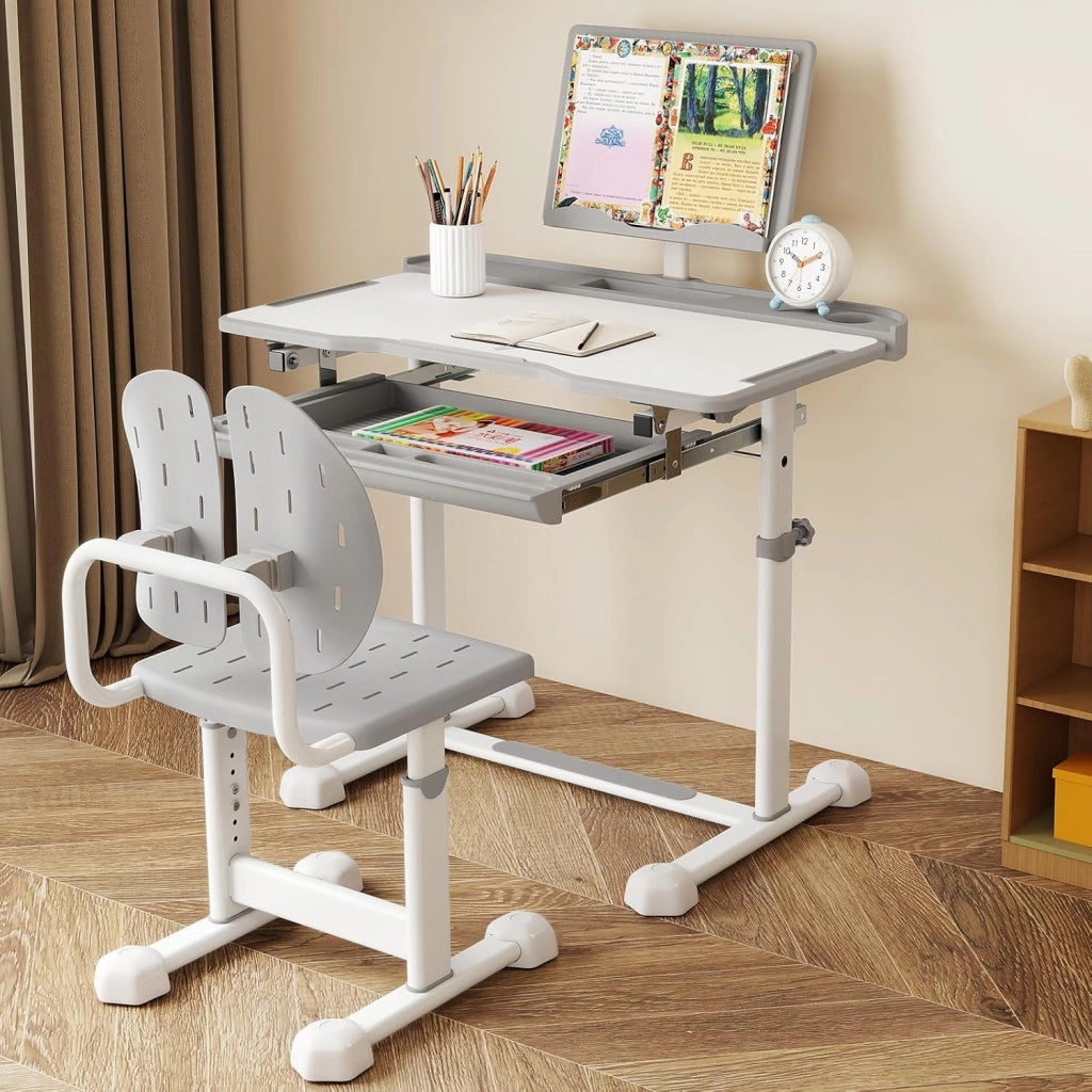 Set di Scrivania e Sedia per Bambini con Altezza Regolabile, Grigio | Banco Scuola con Piano Inclinabile, Supporto per Libri, Barra Poggiapiedi e Sedia Ergonomica per Scuola, Ufficio e Cameretta