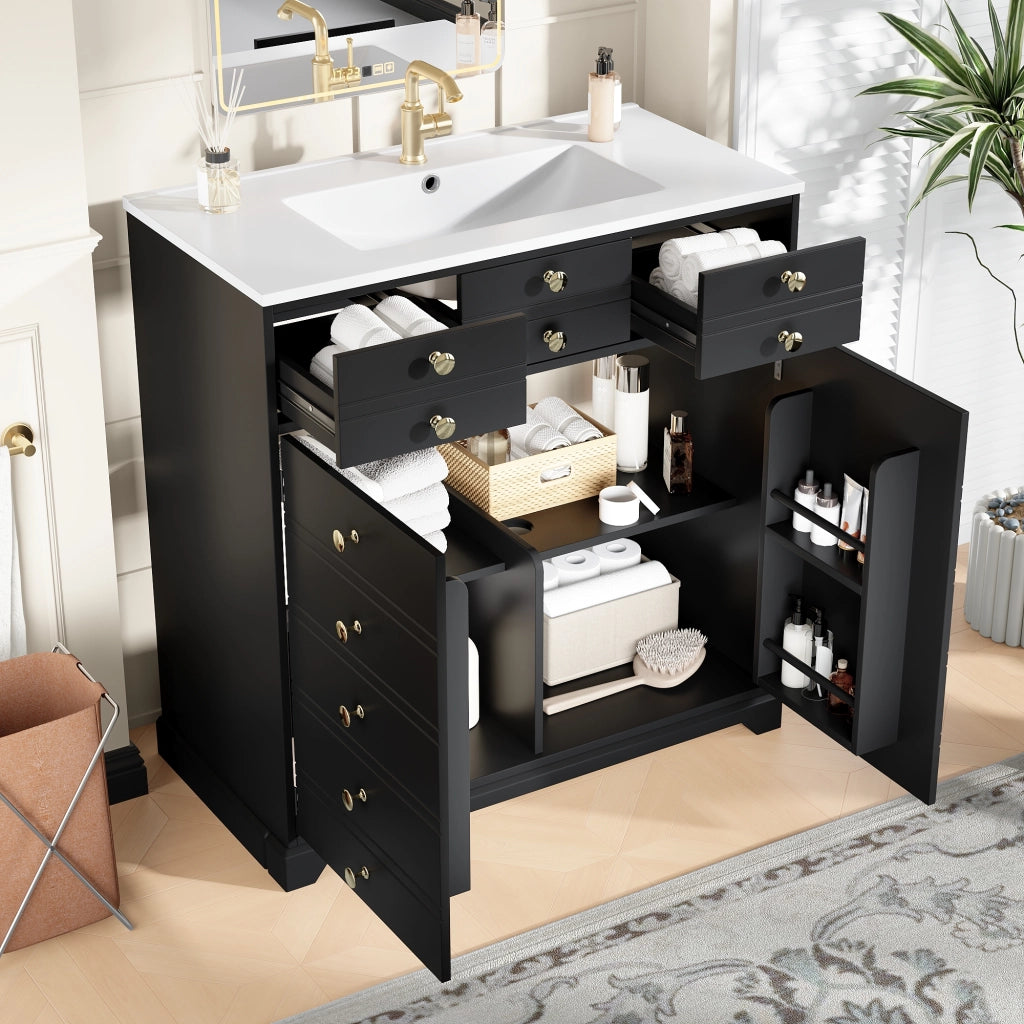 Mobile Bagno con Lavabo in Ceramica ¨C MINIMAL ¨C Nero/Oro, Cassetti, Armadietto