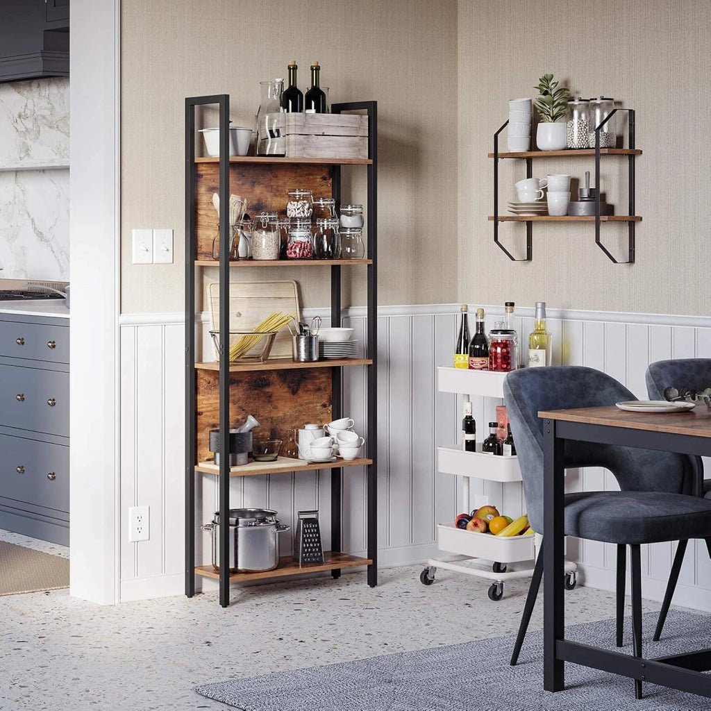 VASAGLE Libreria, scaffale da cucina, 5 livelli, telaio in acciaio stabile, per ufficio, ingresso, soggiorno, stile industriale, marrone rustico e nero LLS025B01