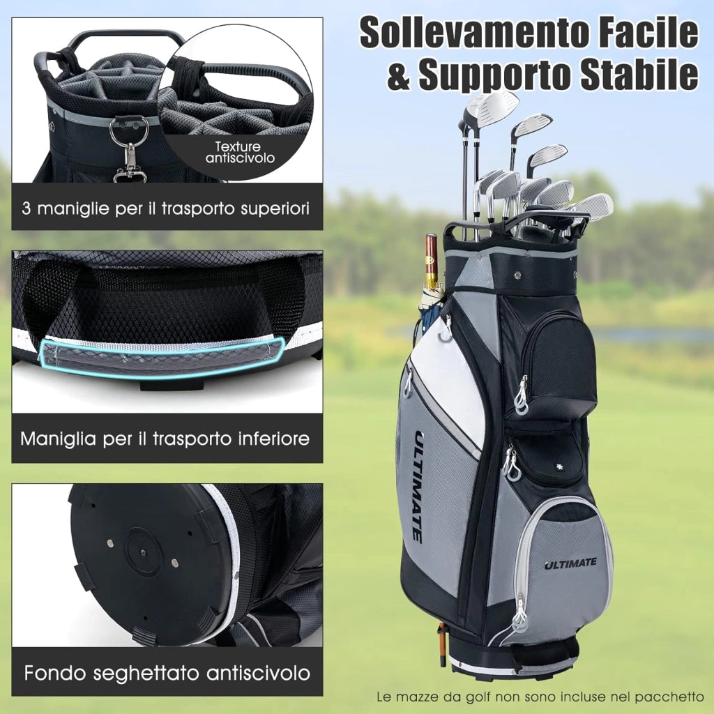 Borsa da Golf con 14 Divisori, Sacca per Mazze da Golf con Borsa Termica, Cappuccio Impermeabile, Maniglie e Tracolla, Ideale per Uomini e Donne, Nero e Grigio