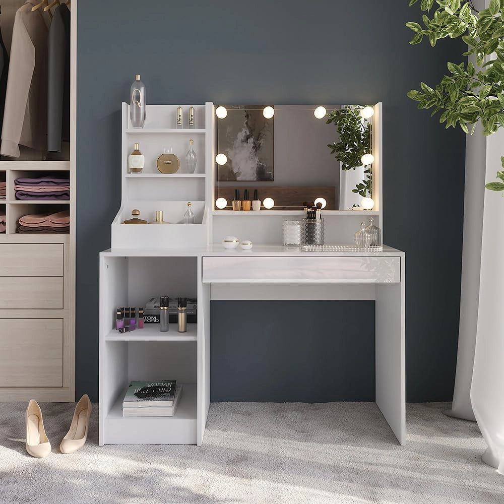 Tavolo da toeletta Sherry, Bianco/bianco lucido, 119.8 cm 4 parti