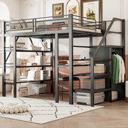 Letto a soppalco modulare 140x200 cm in metallo nero con scrivania; ripiani e armadio