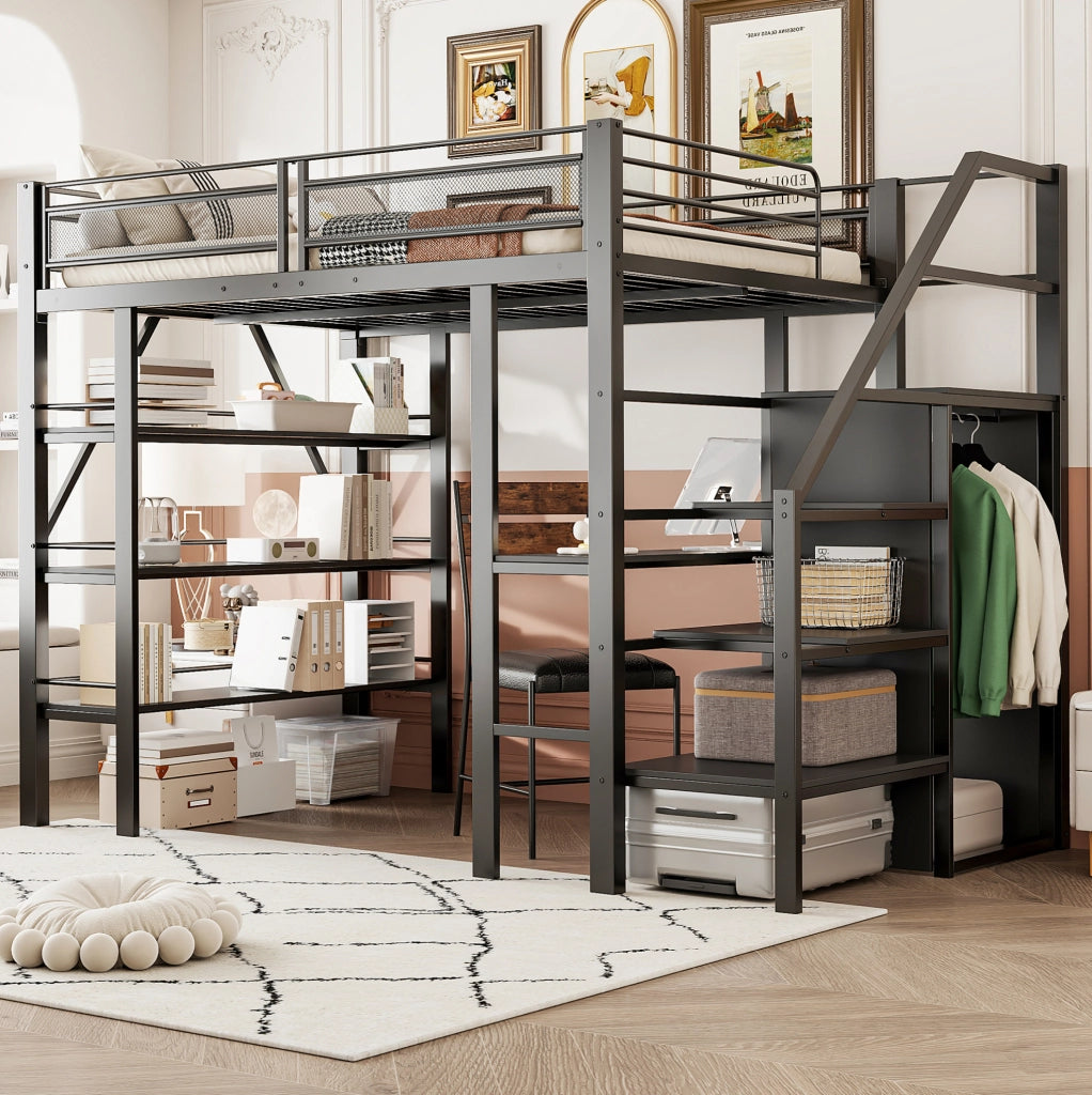 Letto a soppalco modulare 140x200 cm in metallo nero con scrivania; ripiani e armadio
