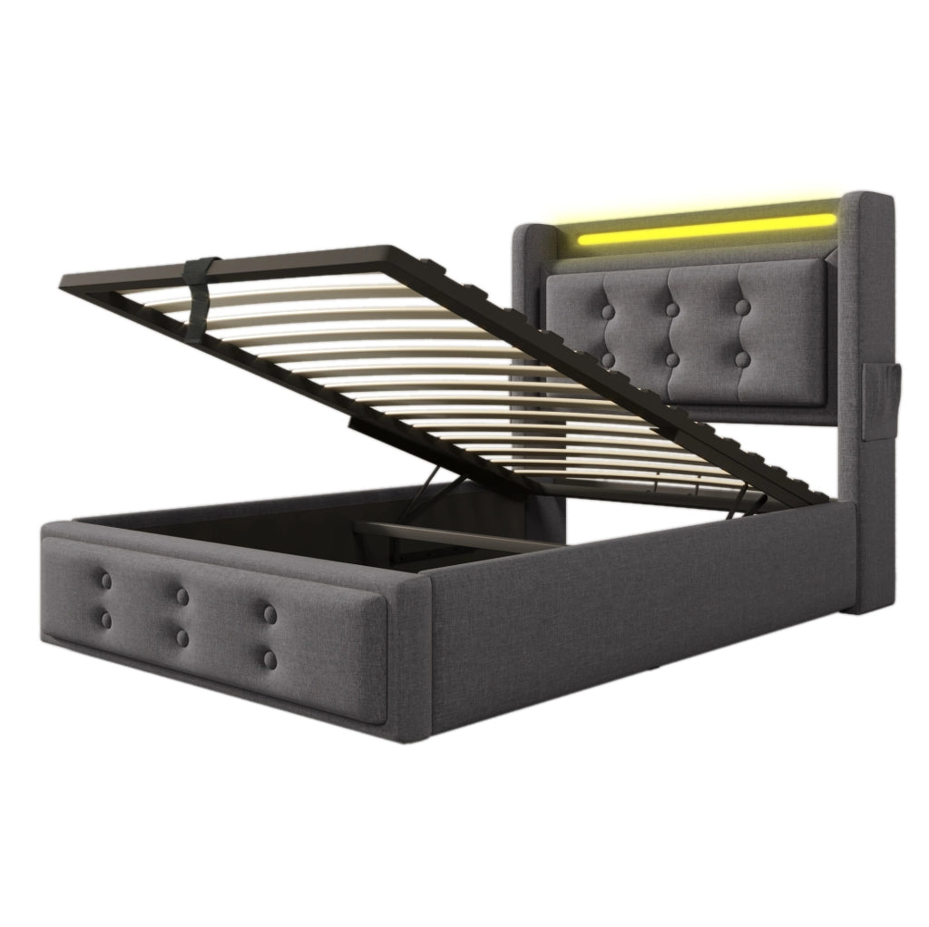 Letto imbottito 90x200 cm con LED; prese USB e Type-C; contenitore; cotone e lino; grigio