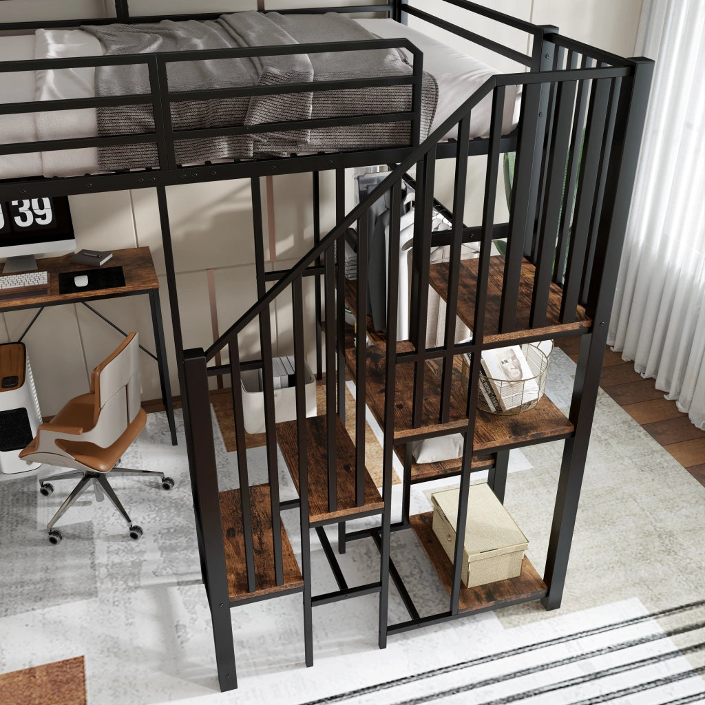 Letto a Soppalco 120x200 cm - Scrivania; Libreria e Armadio - in Metallo e MDF - Nero
