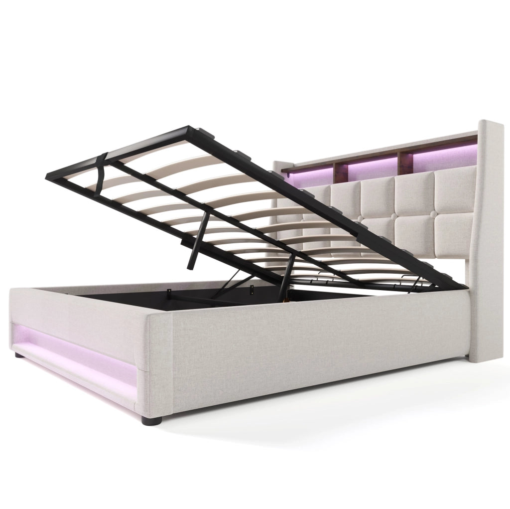 Letto matrimoniale imbottito 140x200 cm con LED e USB; in tessuto effetto lino beige