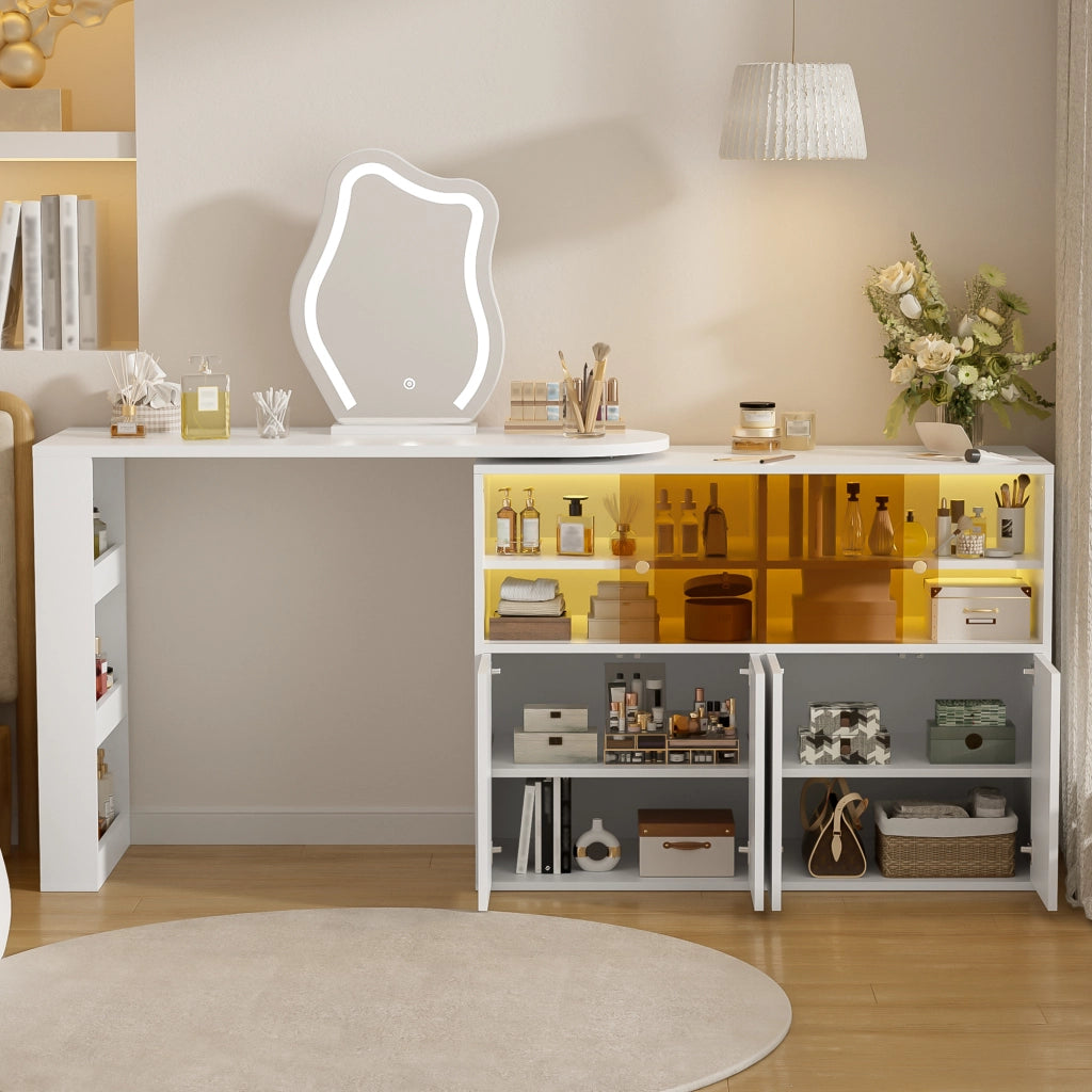 Tavolo da trucco angolare girevole con specchio LED a 3 colori, scrivania 2 in 1, bianco