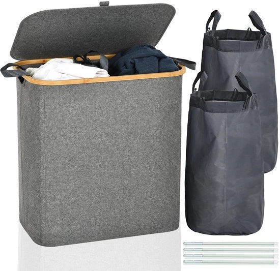 Asciugamani con coperchio, 145 l asciugamani pieghevoli, 2 cassette con sacchi di asciugamani rimovibili, raccoglitore di bucato con coperchio e maniglia in bambù, asciugamani con coperchio idrorepellente, grigio