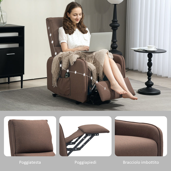 Poltrona Alzapersona Elettrica Reclinabile con Telecomando e Tasca in Tessuto Marrone Scuro