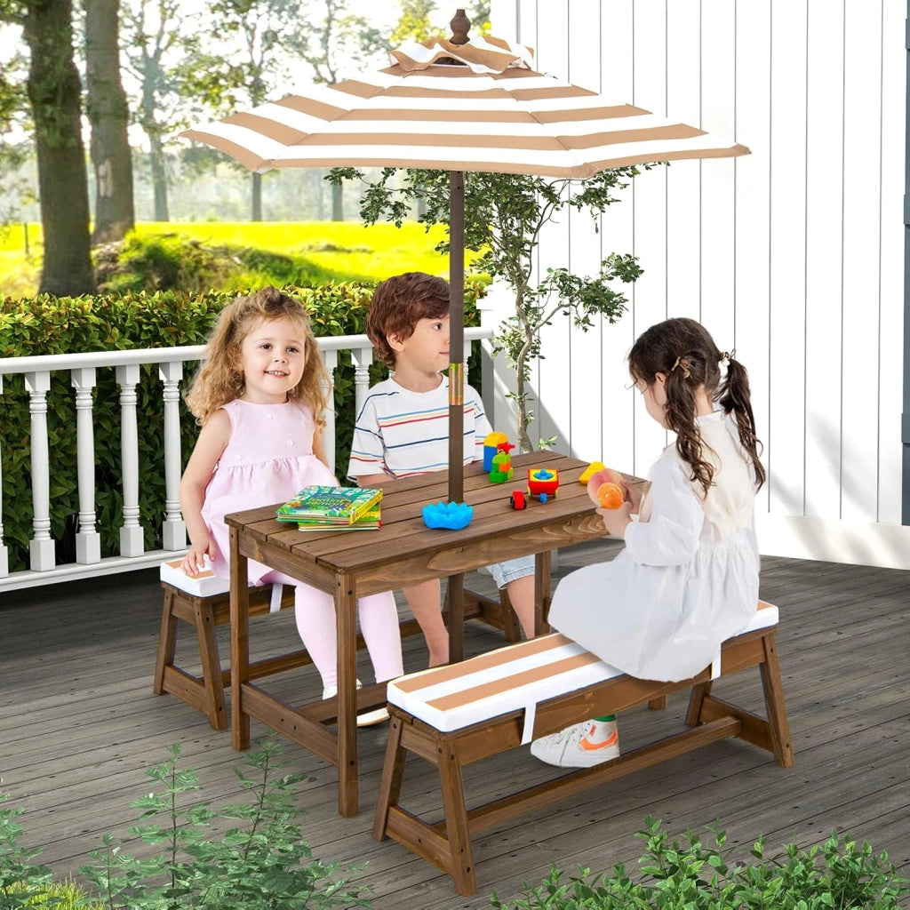 Set di mobili da giardino per bambini con 2 panche e ombrello regolabile, in legno di abete, per bambini, con cuscino, set di mobili per giardino, terrazza, balcone (marrone)
