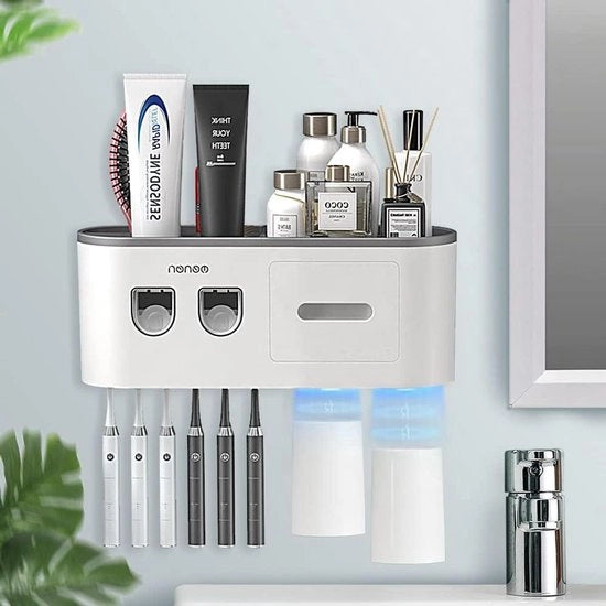 Dispensatore di dentifricio automatico e holder per spazzola da denti - fissaggio a parete - 6 contenitori - 2 bicchieri