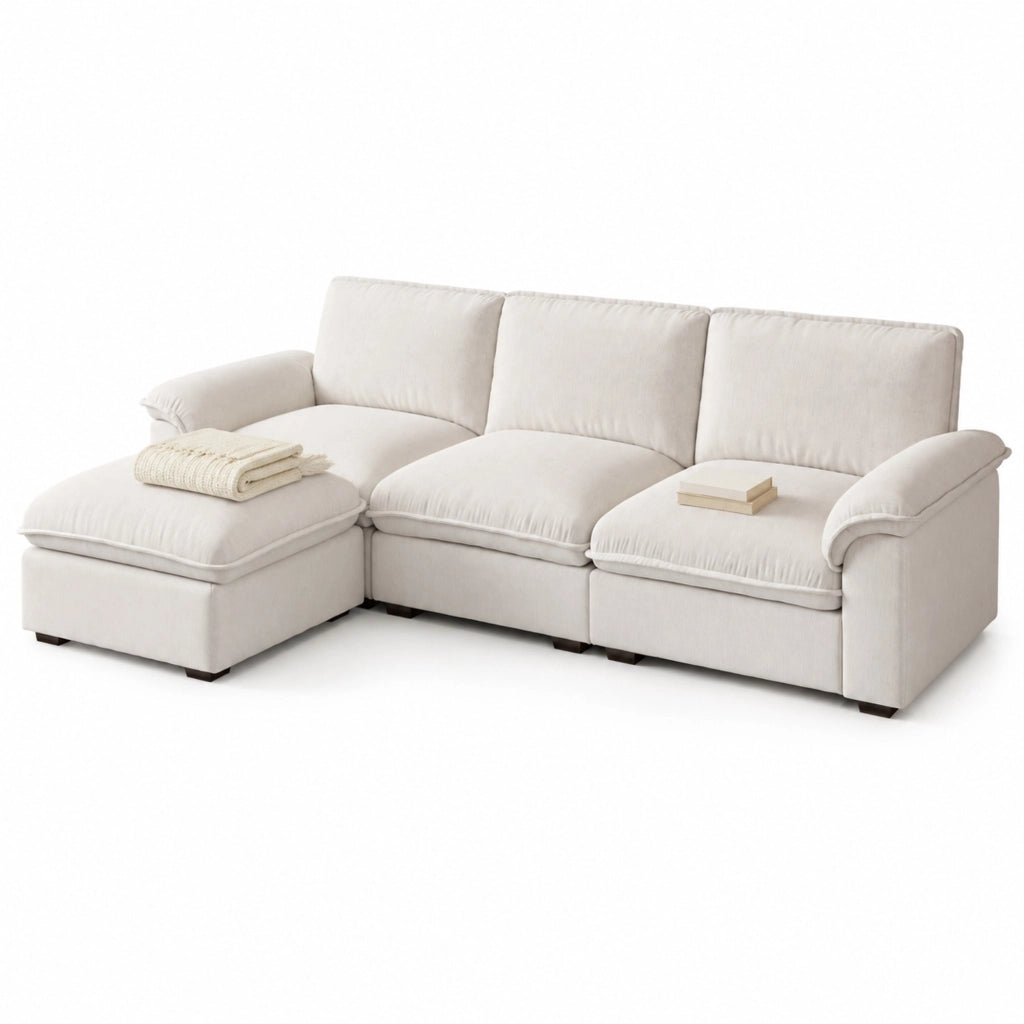 Divano angolare a 4 posti in chenille beige con ottomana spostabile e cuscini 260 × 154 × 86 cm