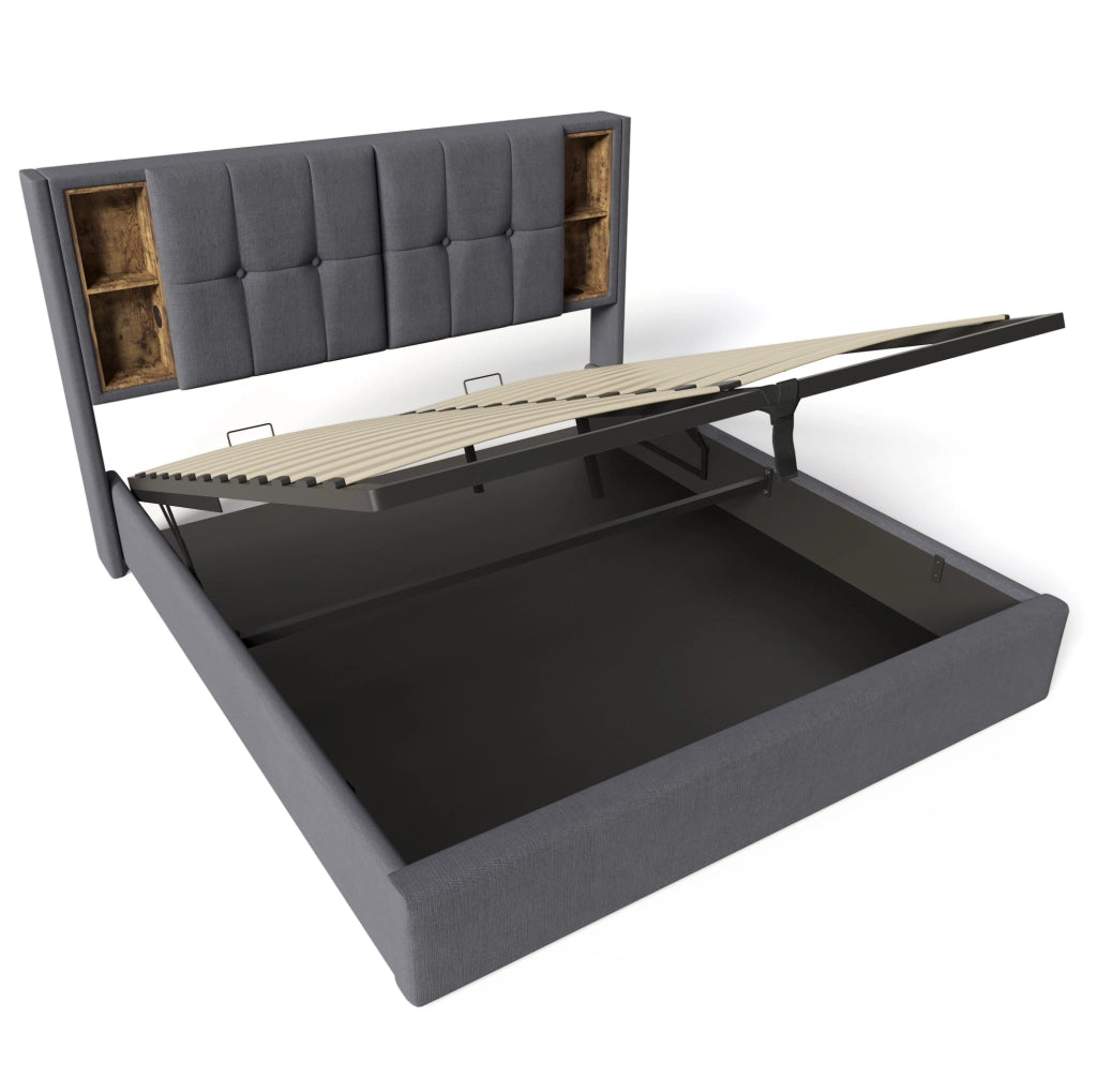 Letto imbottito 140x200 cm con ricarica wireless; USB C e contenitore; cotone grigio