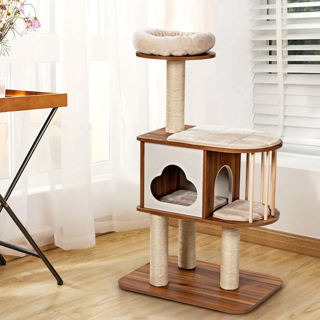 Tiragraffi per Gatti Adulti Con Cuccia, Piattaforma, Cuscini e Albero Alto in Legno, 68 x 48 x 117 cm