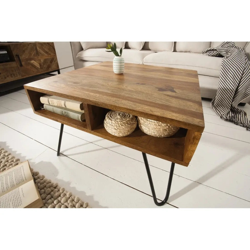 Tavolino SILVA 60 cm in legno di Sheesham massiccio e metallo nero – 2 vani
