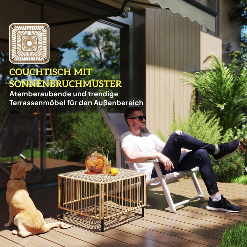 OKWISH Tavolino da Giardino Quadrato con Piano in Vetro Temperato e Rattan, per Terrazza e Balcone, 65 x 65 x 43 cm