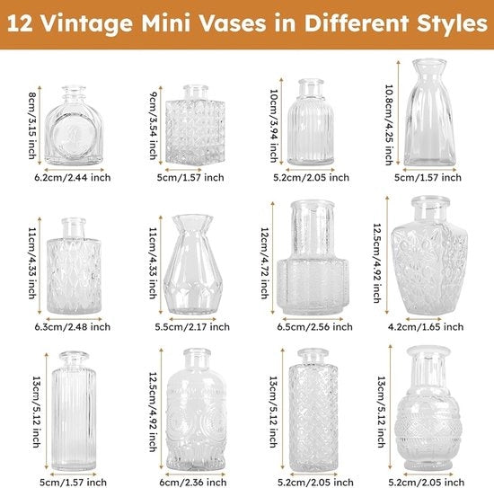 Set di 12 piccole vasi in vetro - decorativi - multifunzionali - 5 x 8 cm