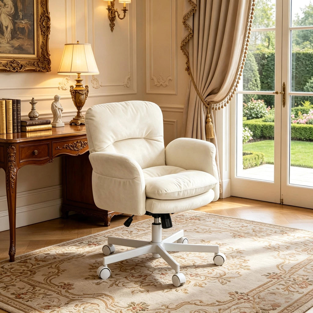 Sedia girevole imbottita in ciniglia beige con schienale ergonomico e base in metallo