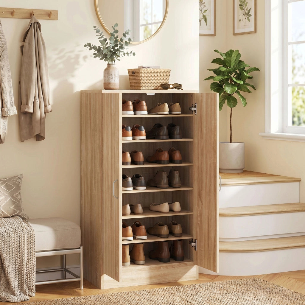 Armadio per scarpe con 6 ripiani regolabili ¨C Minimal ¨C 2 ante, chiusura morbida, legno naturale