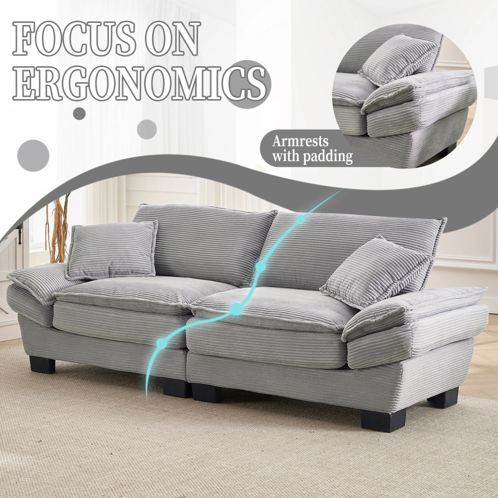OKWISH Divano Lineare 2 Posti, Seduta Extra Profonda con Braccioli Imbottiti e 2 Cuscini, Velluto Grigio Chiaro, 224 × 81 × 81 cm