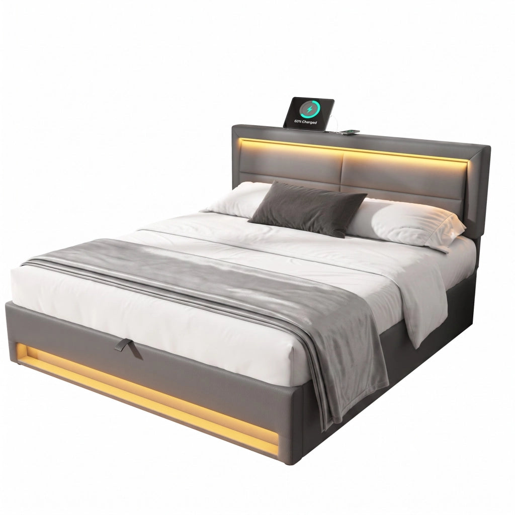Letto imbottito 140x190 cm in PU grigio con USB, LED e contenitore