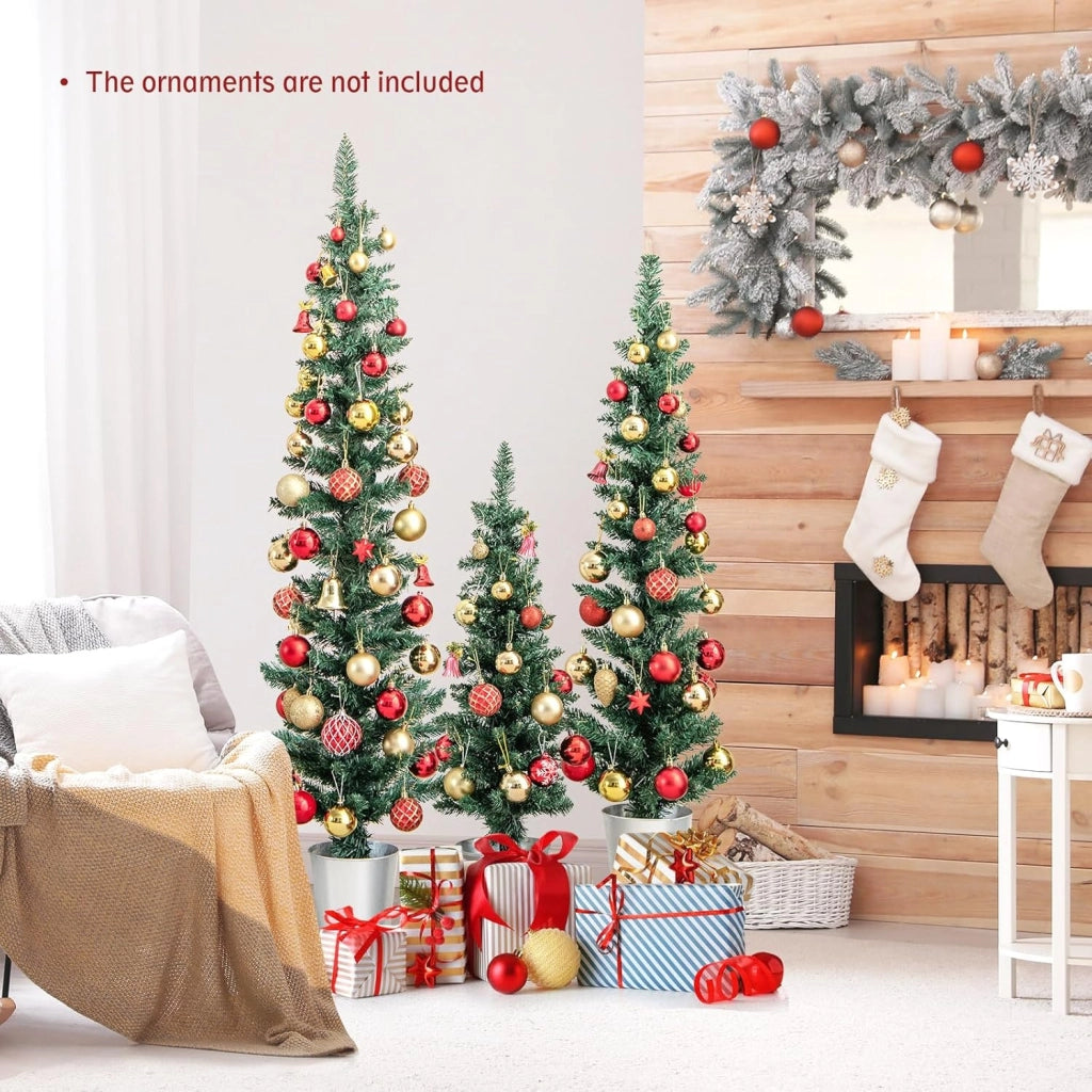 Set di 3 Albero di Natale Artificiale in Vaso con Alberi Finti da 90/120/150 cm, Alberi di Natale Sottili a Matita con Secchi in Metallo Argentato, Decorazione Festiva (Verde)