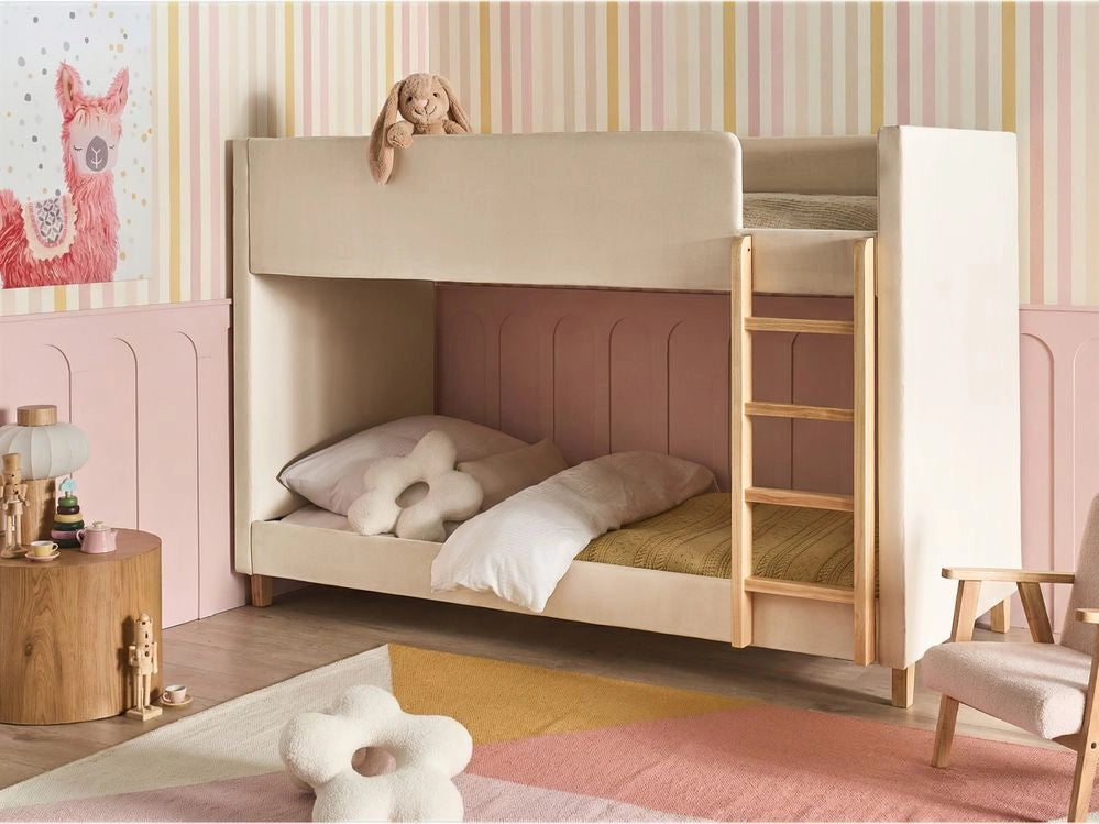 Letto a castello 3 piedi per bambini alto imbottito in velluto e scaletta in in legno di pioppo beige chiaro 90x200 cm cameretta