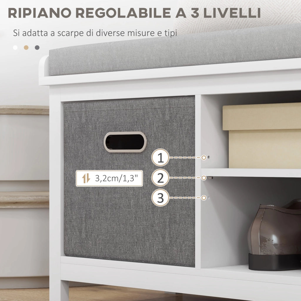 Panca Scarpiera con 3 Ripiani Regolabili e 2 Cassetti ¨C Zephmum ¨C Truciolato, Bianca e Grigia, 105x35x47 cm