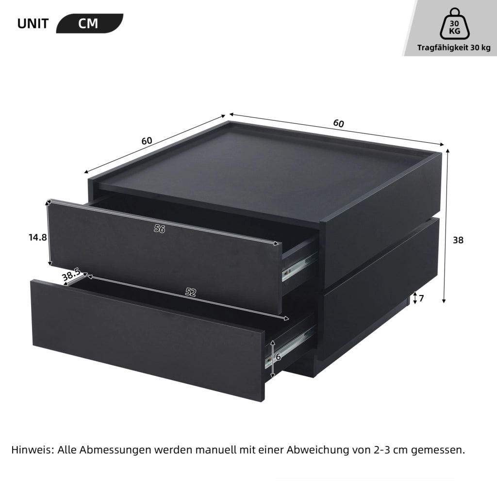 Tavolino nero 60x60x38 cm girevole a 360° con 2 cassetti e vano