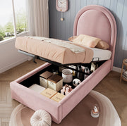 Letto imbottito rosa 90x190 cm con contenitore e testiera ad arco