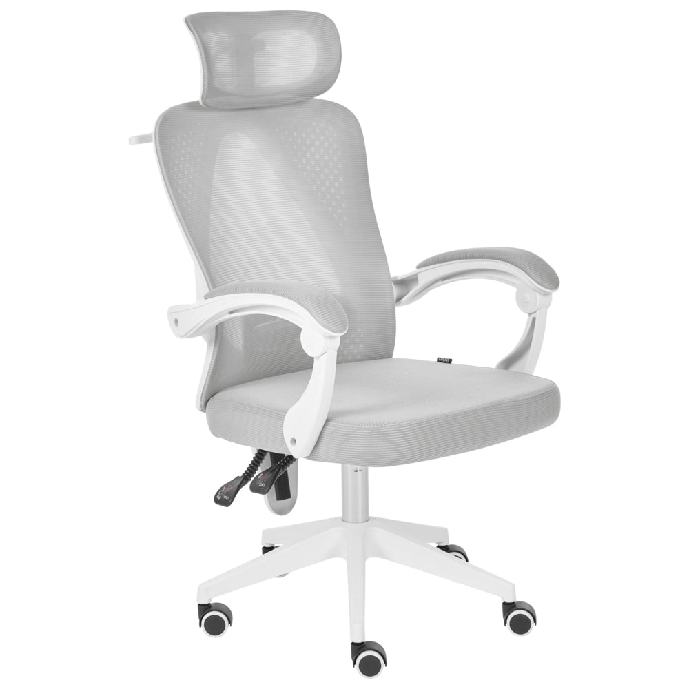 Sedia da ufficio grigio chiaro in rete, base girevole, altezza regolabile, braccioli, poggiatesta, per ufficio domestico, moderna