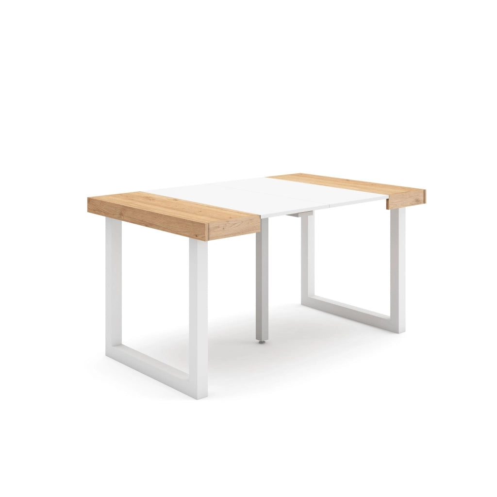 Consolle allungabile, 58 fino 140x90x73cm, Per 6 persone, Gambe in legno, colore Rovere e bianco RF2694