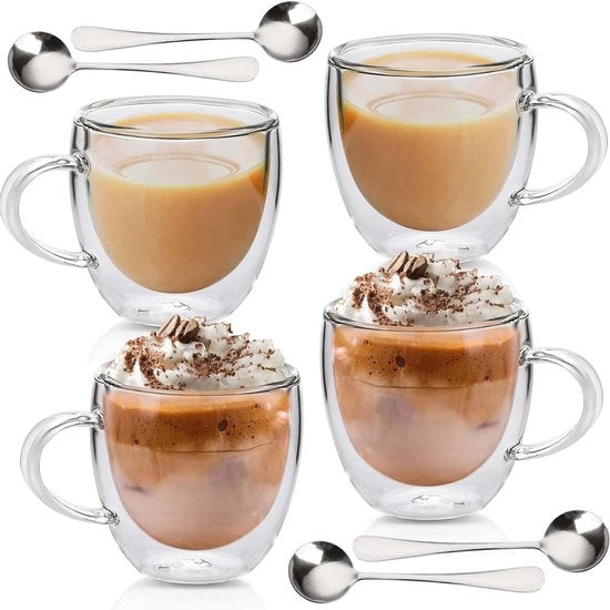 Set di bicchieri da latte macchiato da 4 x 250 ml con cucchiai - Bicchieri a doppia parete per espresso, cappuccino, caffè, bicchieri per caffè freddo, bicchieri termici