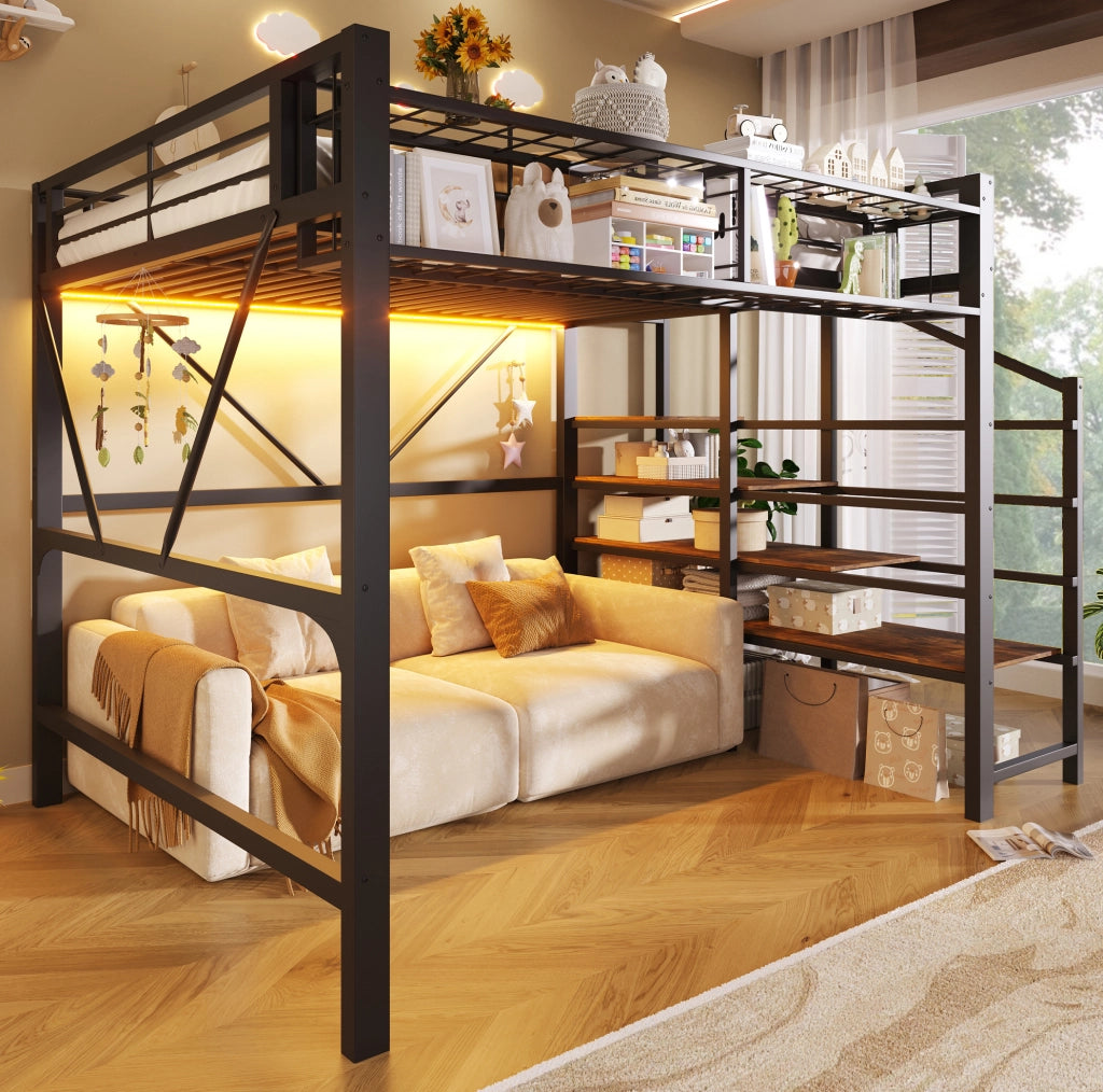 Letto a soppalco ULEVR 140x200 cm con LED dimmerabile, scala con ripiani e vano aperto, nero