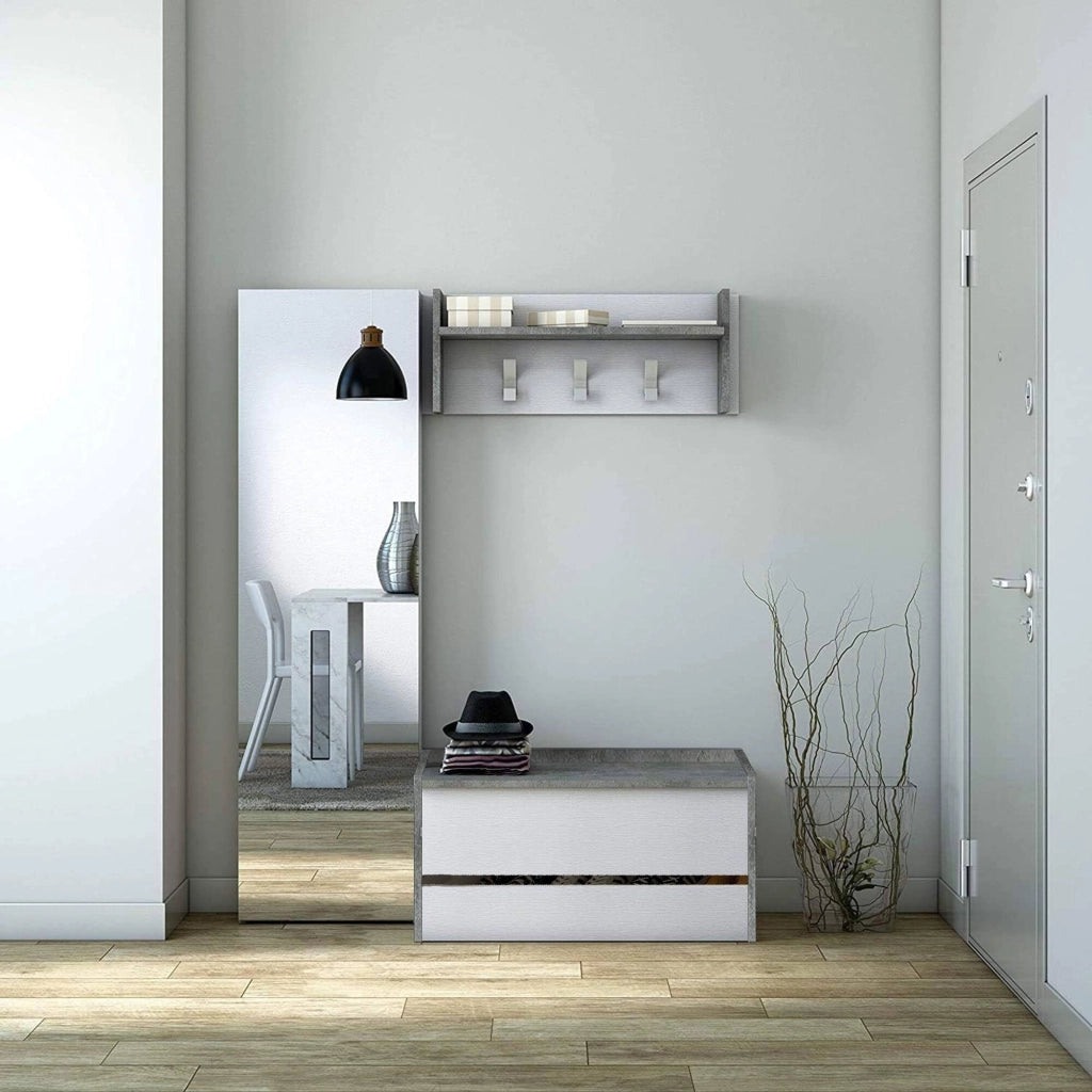 Mobile da ingresso Actinolite, Entratina moderna con appendiabiti, Mobile con scarpiera, Armadietto multifunzione, Cm 50x32h182, Cemento e Bianco