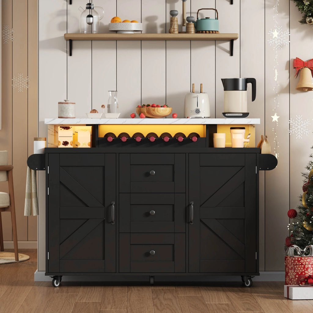 Isola cucina mobile con piano ribaltabile, LED RGB, 2 ante, 3 cassetti e portabicchieri 138x60x93 cm nera