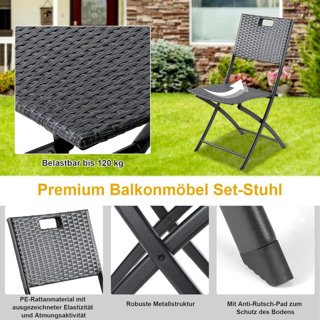 Set di Mobili da Balcone Pieghevole da 3 Pezzi, Mobili da Bistrot, Set Giardino in Rattan, 1 Tavolo e 2 Sedie, Sedia Pieghevole per Balcone, Giardino e Terrazza, Grigio