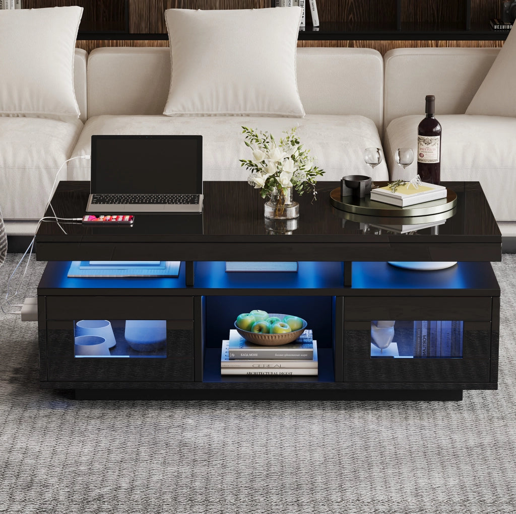 Tavolino da caffè nero lucido 100×50×43 cm con LED; presa UE; USB e mobiletto