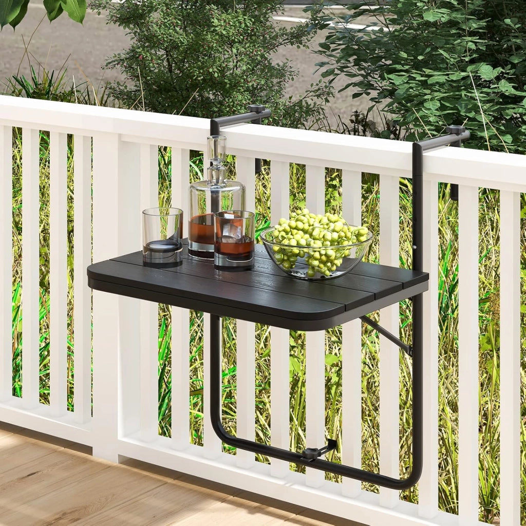 Tavolino Pieghevole da Balcone Nero/Marrone, Tavolo Tavolino da Ringhiera Salvaspazio Altezza Regolabile Struttura in Metallo, 72,5x64x60 cm (Nero)