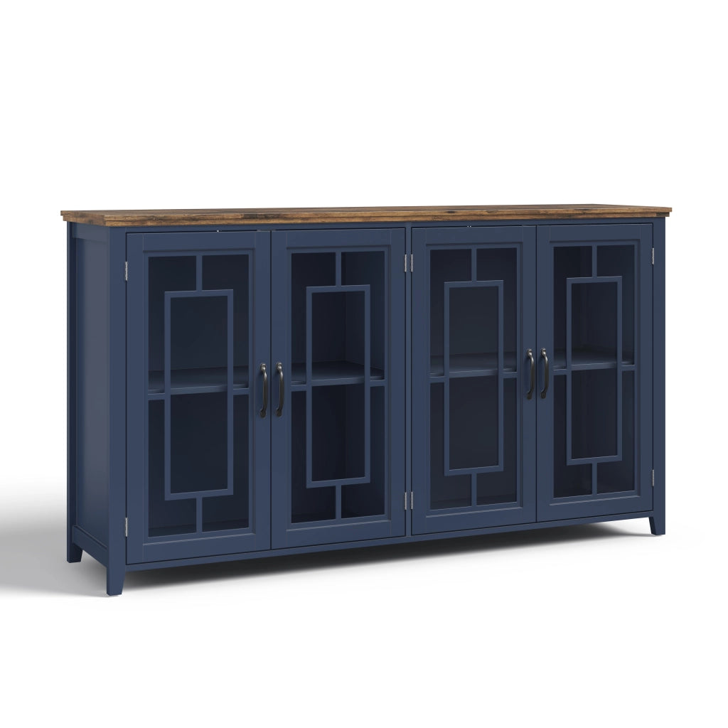 Credenza da cucina 160 cm con ante in vetro, ripiani interni e piano effetto legno, blu