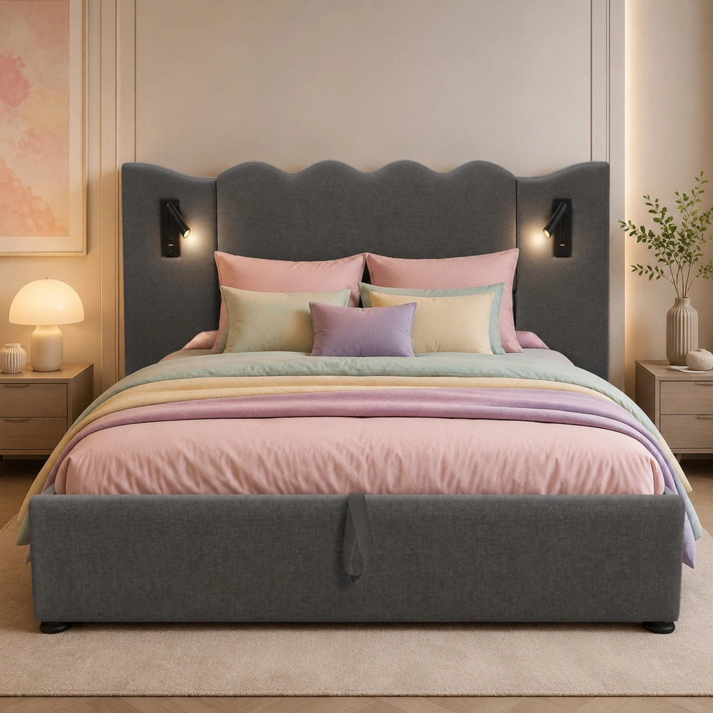 Letto matrimoniale 160x200 cm in lino grigio con lampada da lettura; ricarica USB e contenitore