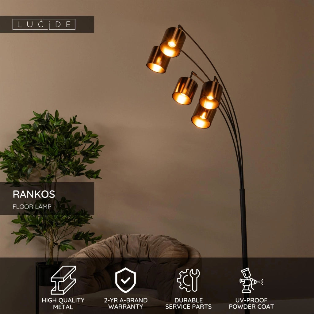 Lampada da terra industriale 5xE27 nero rame RANKOS Lucide