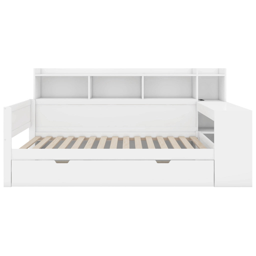 Letto singolo 90x200 cm in truciolato e MDF con USB, 2 cassetti, scrivania integrata e ripiani, bianco