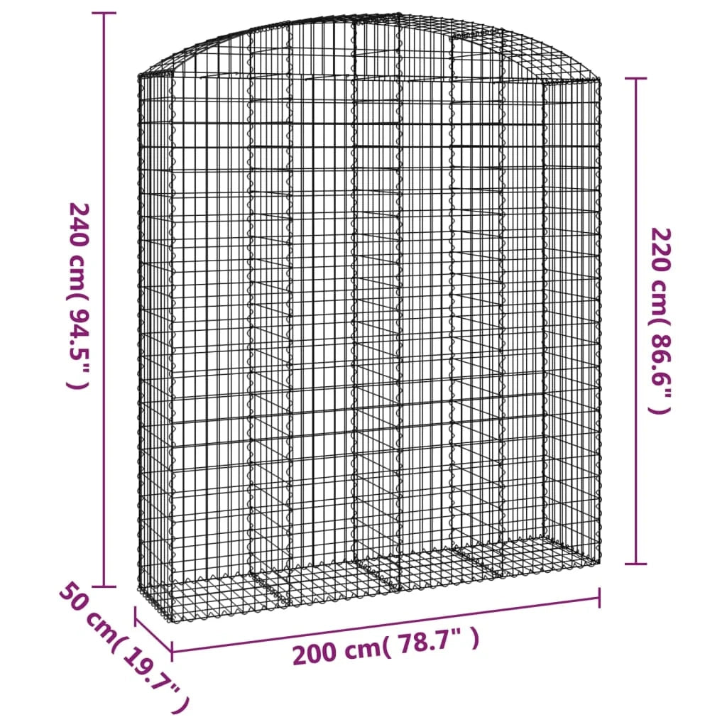 Cesto gabbione recinzione a gabbia muro di contenimento ad arco 200 x 50 x 220/240 cm ferro zincato argento 02_0040038