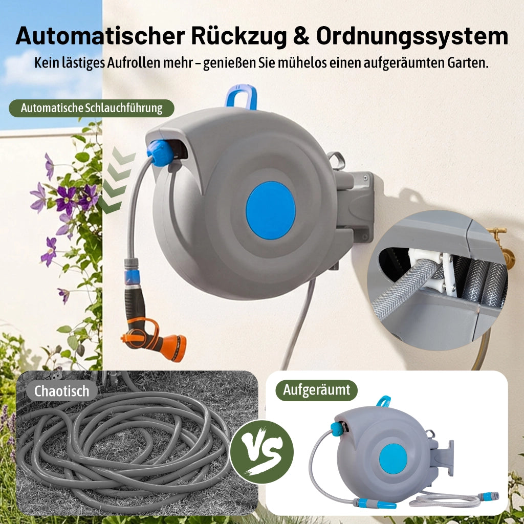 Avvolgitubo da giardino automatico da 30 m, montaggio a parete, pistola a spruzzo 9 in 1, resistente ai raggi UV e al gelo, girevole a 180¡ã ¨C
