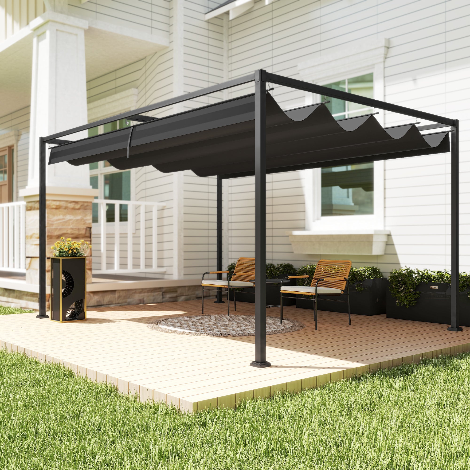Pergola da Esterno 3x2,1 m con Tettuccio Retrattile in Metallo e Poliestere Nero