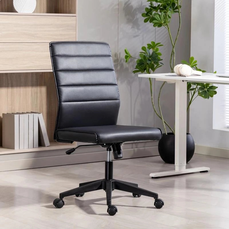SEDIA DA UFFICIO ERGONOMICA E REGOLABILE CON SCHIENALE RICURVO, IN PELLE PU E ACCIAIO, 58X53X97-107 CM, NERO