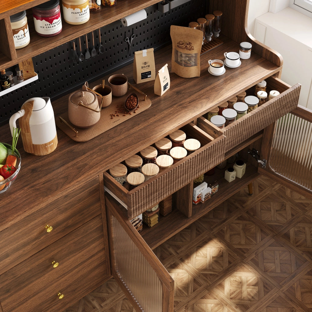 Credenza con porta a ribalta, LED RGB, vetro rigato e pannello metallico, colore noce 145 × 39 × 171 cm