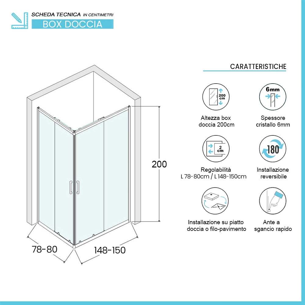 Box doccia angolare 80x150 con doppia porta scorrevole in vetro trasparente Ted